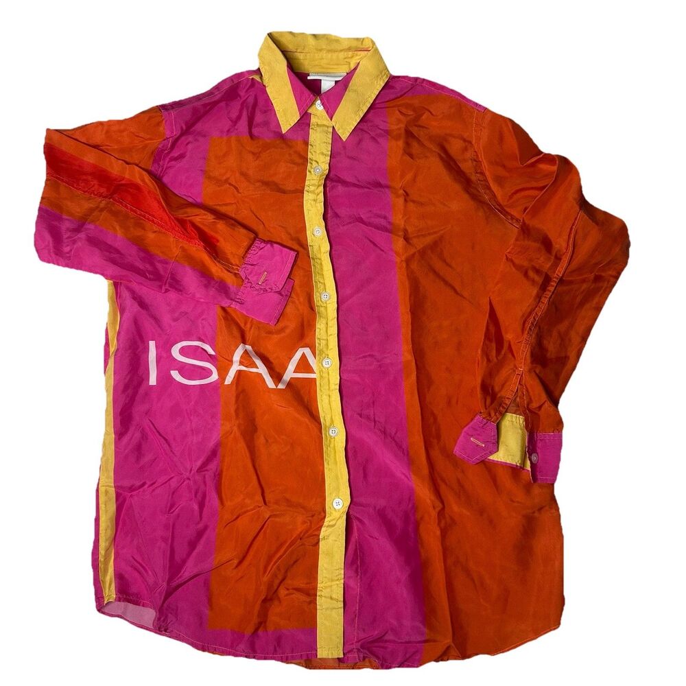 Isaac Mizrahi Women’s S 100% Silk Pink Colorblock Button Up Long Sleeve Blouse